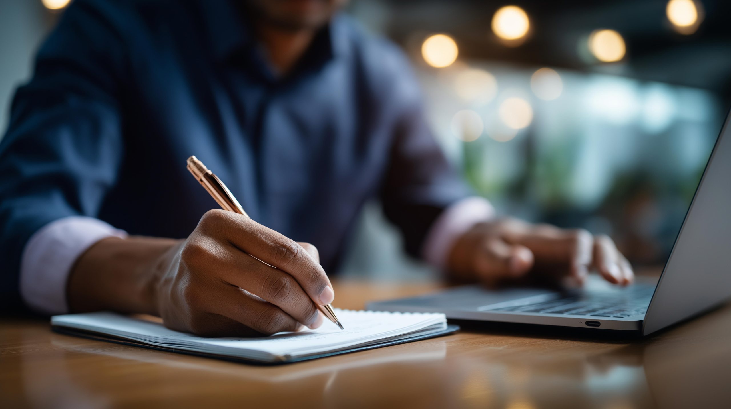 faceless man hands taking notes in notebook next to laptop closeup business documentation professional productivity workplace planning digital workspace